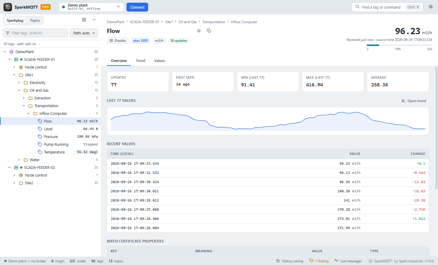 SparkMQTT tag view in light theme: live value with state name, recent values and birth certificate properties